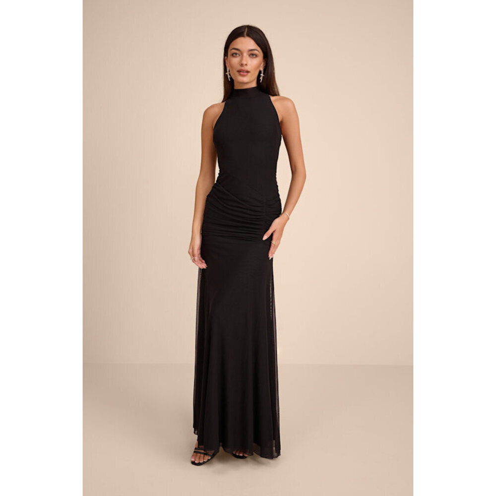 Lulus Alma Black Mesh Mock Neck Ruched Maxi Dress - Size L